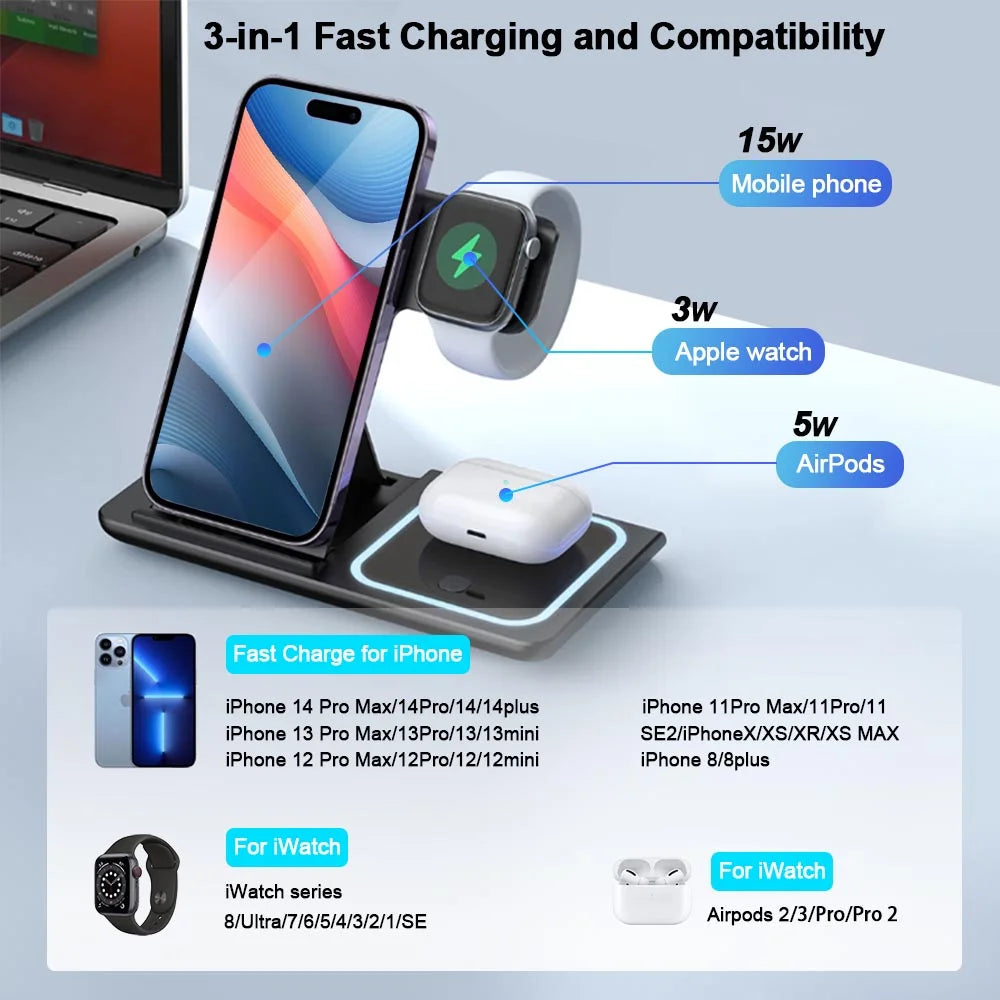 3-In-1 Wireless Charging Station 15W Fast Wireless Charging Base for Iphone15/14/13/12/11/Pro, Iwatch, Airpods Pro, Qi Standard Mobile Phones, Foldable Wireless Charging Stand Black